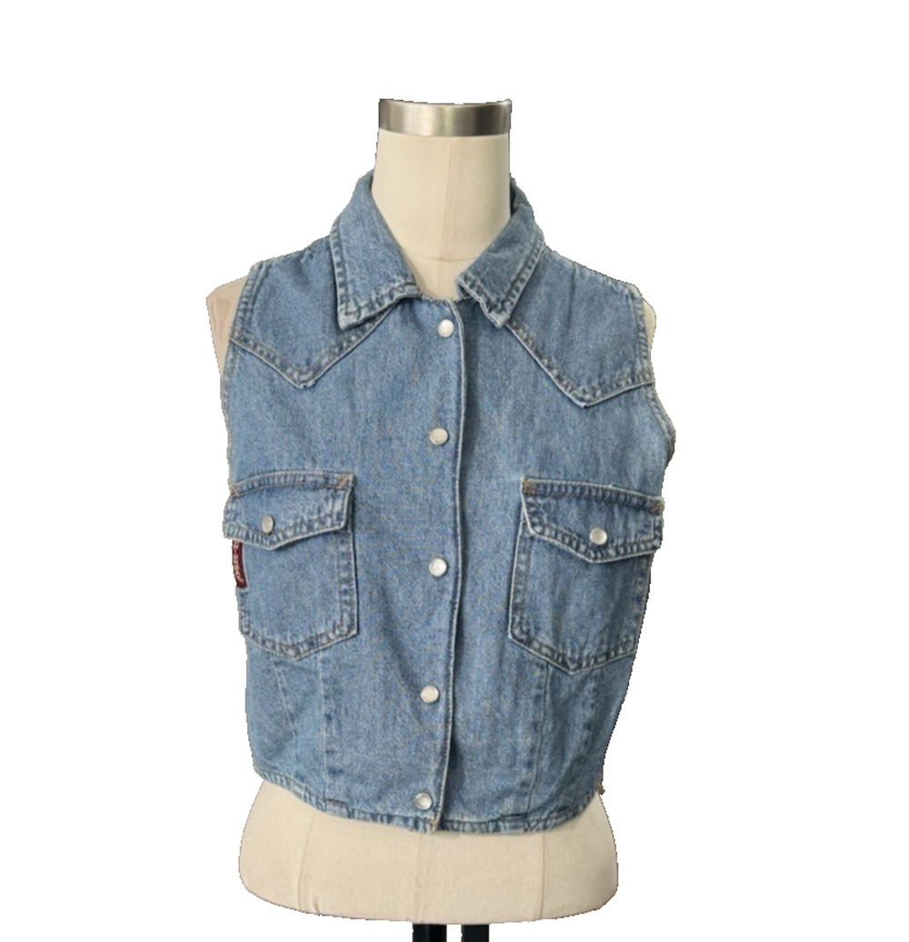 Vintage 90s Unionbay Cropped Denim Vest Snap Front Blue Jean Women's S/M Y2K